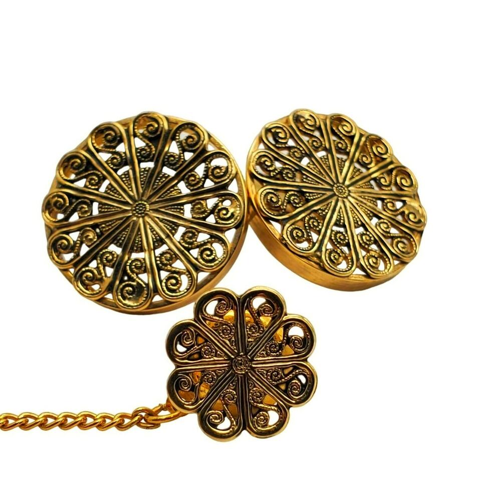 Destino Filigree Cufflinks & Tie Tac Gold Tone Pin Tack Vintage Open Work Retro
